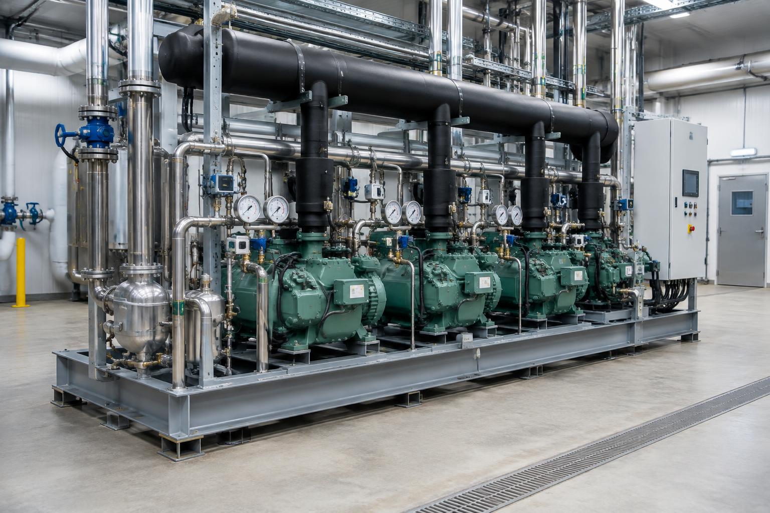 Illustrative commercial refrigeration compressor rack with piping and pressure gauges