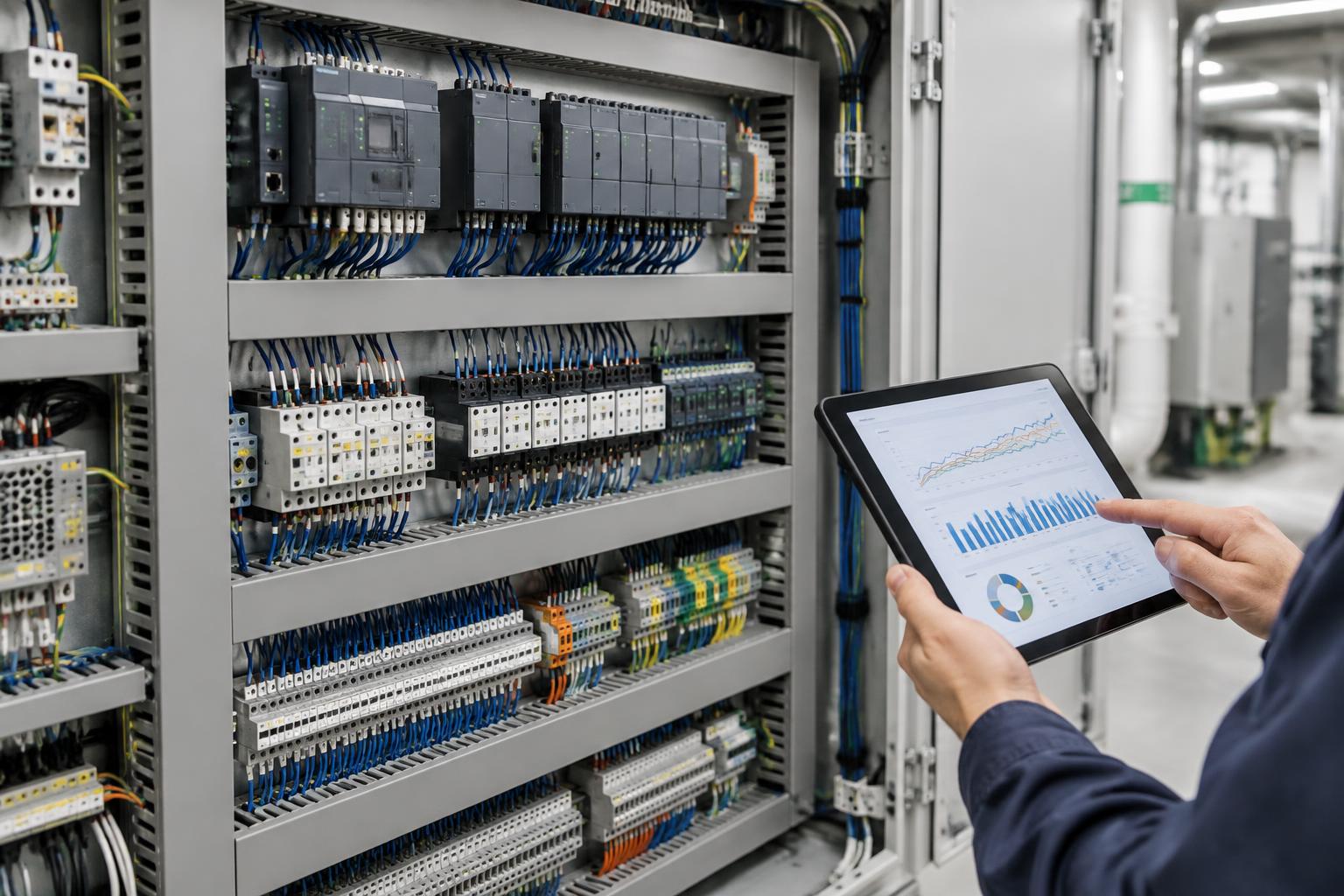 Illustrative building automation cabinet with an engineer reviewing operating trends