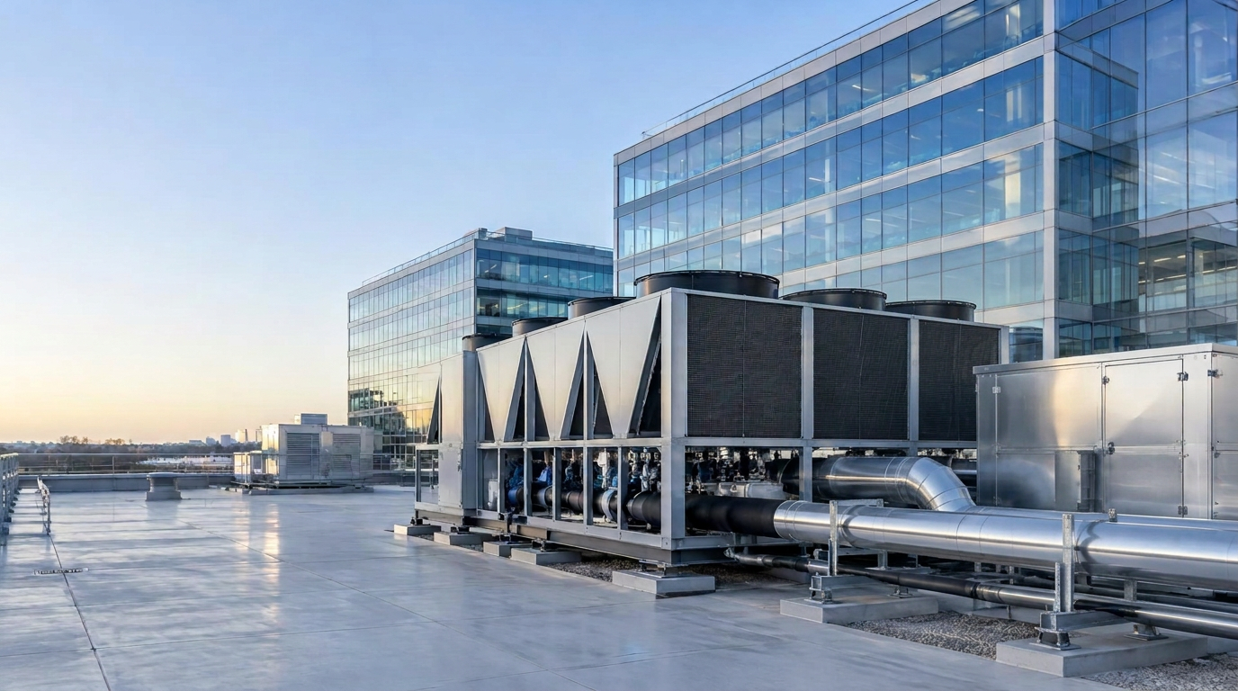 Commercial rooftop cooling equipment and modern office buildings
