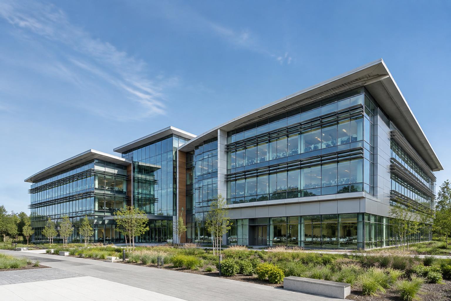 Illustrative modern commercial office building with a glazed facade