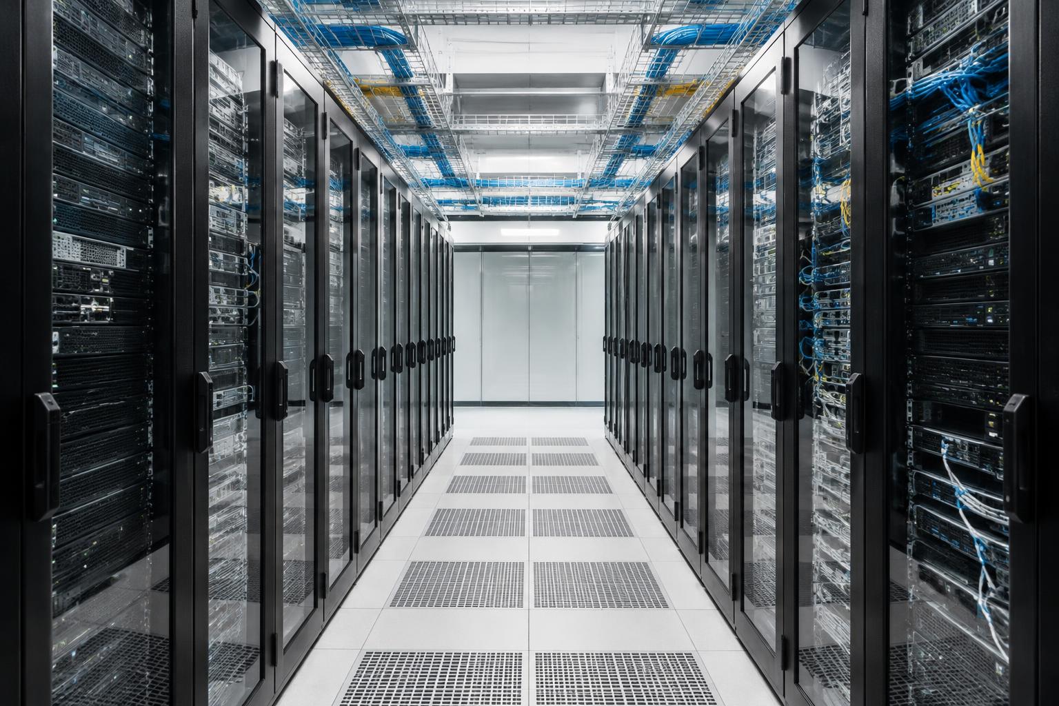 Illustrative data centre cold aisle and cooling grilles